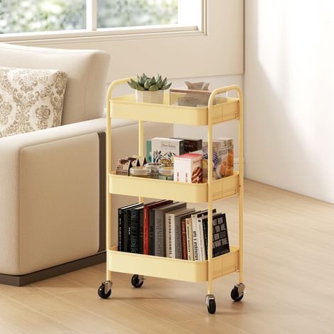 Carrello multiuso a 3 ripiani con ruote, carrello da cucina con 3 cestini e 2 maniglie, 45x30,6x79 cm, giallo