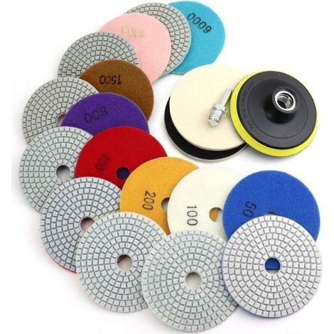 Disques de polissage diamantés de 10 cm avec support de 16 mm (5/8"-11"), 12 pièces, pour le polissage à sec, grain 50-6000. (1/5)