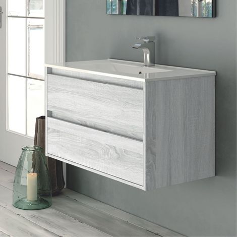 Meuble de salle de bain mural 60 cm avec 2 tiroirs et lavabo en chêne gris glacier - Foltin (1/2)