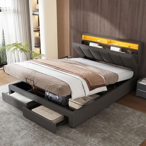 Lit coffre 140 x 190 cm, lit 140x190 avec sommier, lit adulte avec 2 tiroirs et LED, cadre de lit, avec tete de lit, Gris, lin