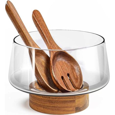 Ensemble de saladier en verre extra-large (avec base en bois d'acacia et ustensiles de service) Café (1/4)