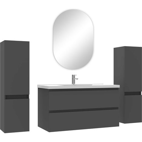 Ocean ensemble meubles Salle de Bain avec colonne + miroir ovale mural 100cm meuble Anthracite (1/4)