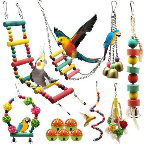 12 pcs jouets de marche pour oiseaux,jouets perchoirs en bois pour oiseaux,décorations de cage à oiseaux de petite et moyenne (1/4)