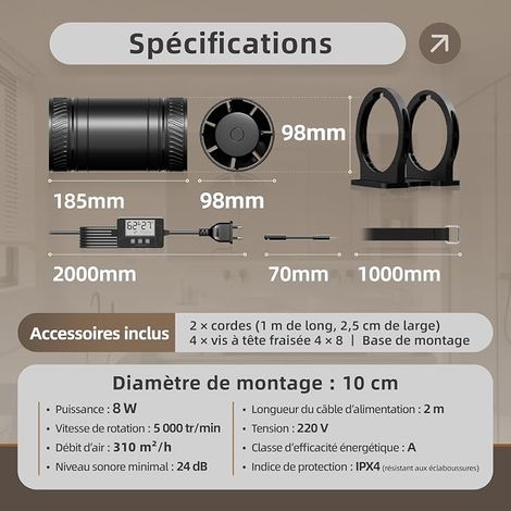 100mm In-Line Air Extractor Fan with Temperature and Humidity Sensor, Remote Control, 6 Speed, Timer, with Mounting Base, Silent for RV Ventilation (1/4)