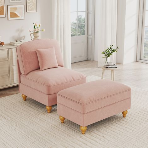 Poltrona lounge in ciniglia rosa con poggiapiedi, gonna rimovibile e gambe in legno DESVIAE (1/5)