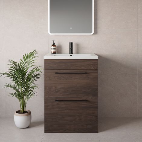 Napoli 460 Brown Oak 600mm 2 Drawer Vanity Unit with Glide Basin - 600mm - Matt Black 320mm Handle