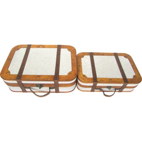 Set de 2 cajas maleta de madera y polipiel en tono crudo 45 cm (1/5)