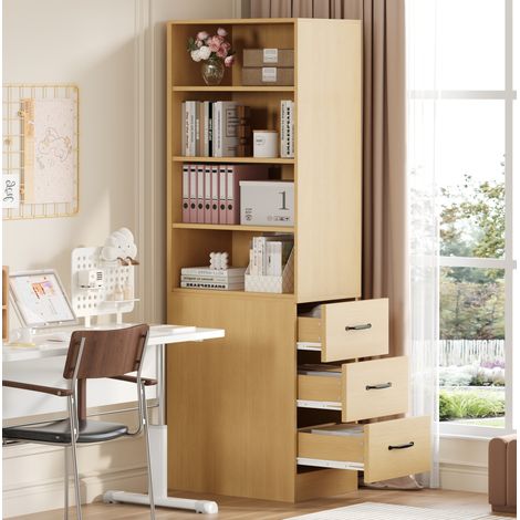 Bibliothèque en panneaux de particules décor chêne 60 x 38 x 180 cm avec 4 niches, 3 tiroirs latéraux et 2 tablettes réglables (1/5)
