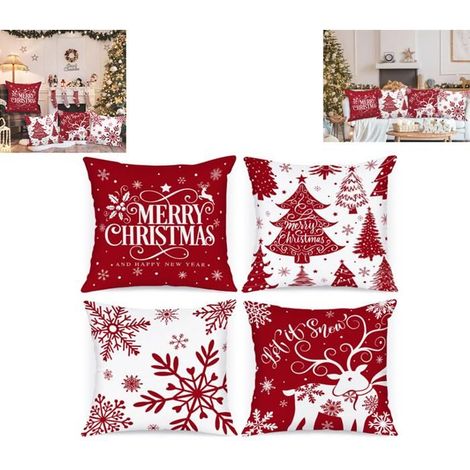 Weihnachtskissenbezug 45x45 cm, Weiß und Rot – Winterkissen-Set mit Schneeflocken, 4-teilig