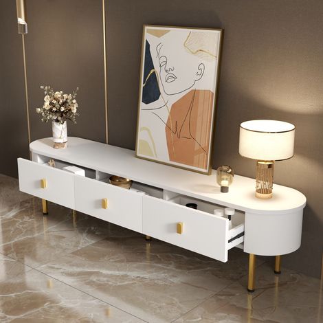 Hauss Spole – Meuble TV blanc 174x35x41cm avec 3 tiroirs – Poignées et pieds dorés – Coins arrondis – MDF laqué haute qualité (1/5)