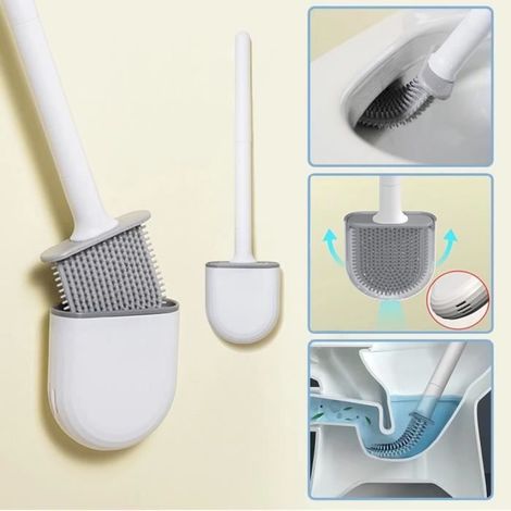 Brosse de toilette avec base en silicone Wc tête plate brosse à poils souples flexibles avec support à séchage rapide brosse de cuve (1/4)
