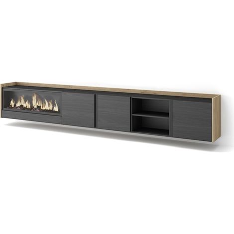 Skraut Home - Mueble TV, Televisión, Muebles de salón, almacenaje, 315x35x50cm, Para TV hasta 80", Chimenea eléctrica XXL, Colgado, Suspendido, Estilo Moderno, Negro y roble (1/5)