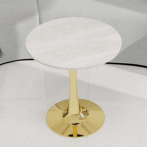 Table basse dorée 27,6 pouces style mid-century,plateau rond marbre blanc veiné,adaptée 2 à 4 personnes.-Go