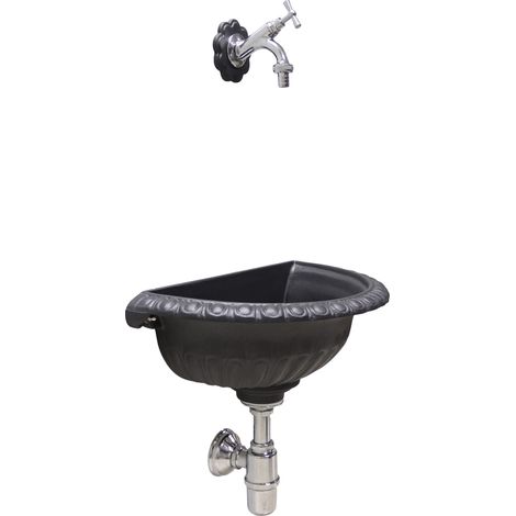Fontana a muro Liberty per casa giardino da parete esterno balcone grigio ghisa con rubinetto e sifone in ottone : cromato