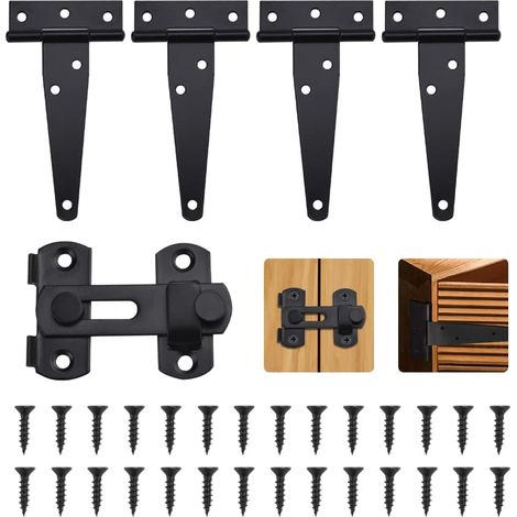 (Noir)5 PCS Charnière de Porte en T en Fer Galvanisé Charnière Porte de Grange Robuste avec Loquet de Porte en Acier Inoxydable et 28 Vis Charnières pour Portes en Bois Fenêtres, Tiroirs (1/5)