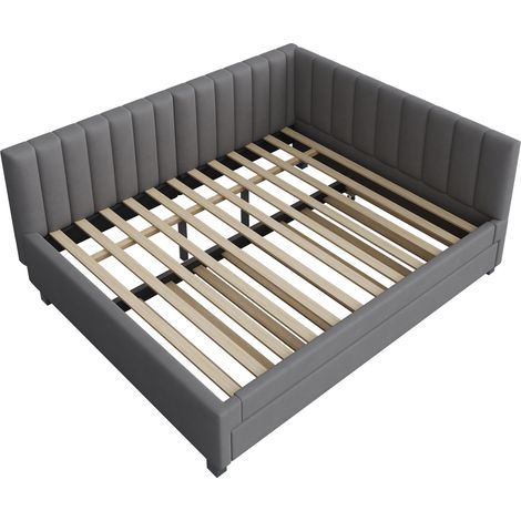 Letto imbottito 140 x 200 cm con letto estraibile, velluto grigio, rete a doghe, HOMVRA (1/5)