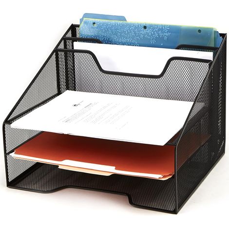 organizador de escritorio, 5 compartimentos, estructura de malla, acero resistente, para documentos y suministros tamaño A4. (1/5)