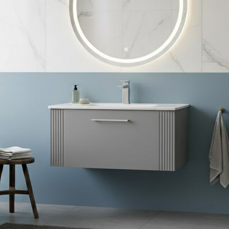 Nuie Deco Wall Hung 1-Drawer Vanity Unit with Basin-2 800mm Wide - Satin Grey (1/5)