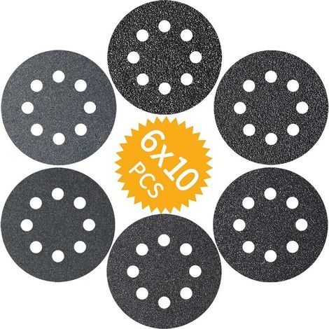 Disques de ponçage 60PCS 125mm en Carbure de Silicium Disques Abrasifs 60 100 150 180 240 320 grains 8 trous pour Ponceuses (1/5)