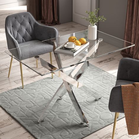 120x70cm Square Glass Dining Table with Silver Chrome Legs (1/5)