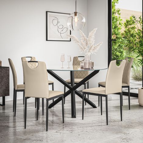Malvern Round Dining Table And Chairs - Clear Glass Table Top w Solid Oak Black Legs + Monza Faux Leather Dining Chair Set Of 6 (Beige) (1/5)