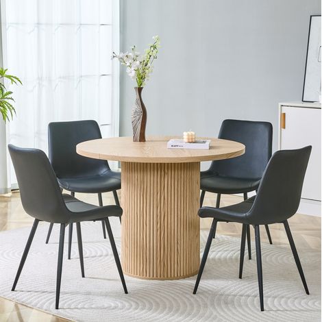Set tavolo rotondo con 4 sedie 100x100x76 cm, piano in MDF, sedute in PU, nero e legno naturale (1/5)