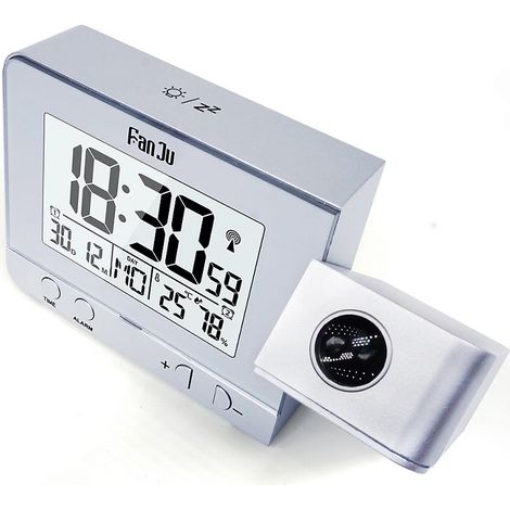 Réveil argenté avec écran LCD à projection de l'heure et de la température, affichage de la température et chargement USB (1/4)