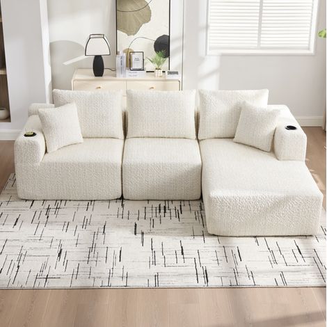 Sofá de esquina modular de 3 plazas en tejido beige con portavasos y bolsillos HAVRYA (1/5)