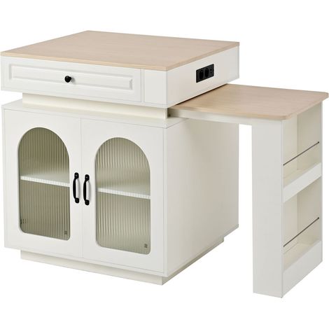 Îlot de cuisine buffet de cuisine à éclairage led roulettes mobiles table à manger extensible blocs multiprises intégrés fonction (1/5)