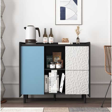 Sideboard aus MDF in Schwarz/Blau, 90 x 40 x 80 cm, mit 2 Schubladen, offenem Fach und Schrankfach (1/5)