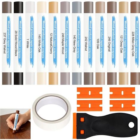 Pate a Bois Rebouchage, Kit de Réparation Parquet 12 Couleurs, Kit Reparation Carrelage avec Spatule et Ruban de Masquage pour Sol Stratifié/Vinyle et Meubles en Bois, Répare Rayures Fissures Trous (1/5)