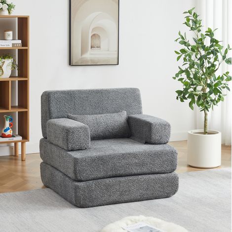 Sofá cama modular individual de chenilla gris para espacios pequeños - CHICFURN (1/5)
