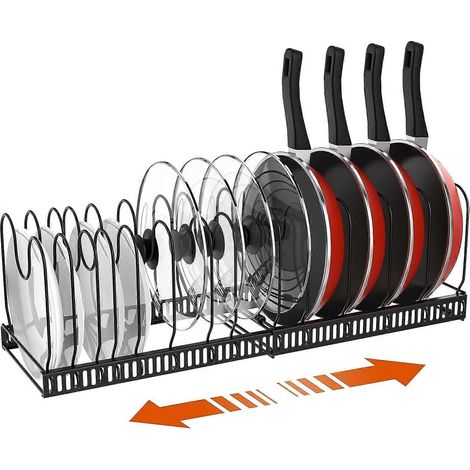 Pan Holder for Drawer, Expandable Pot Lid Holder Drawer Pans Lid Organiser with 14 Adjustable Dividers, Lid Holder Pot Lid Storage for Drawer, Black (1/4)