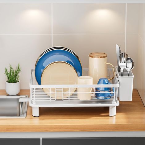 White Metal Dish Drainer Rack with Tray Dish Drainer with Cutlery Holder (Blanco, Small) (1/5)