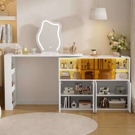 Coiffeuse d'Angle Pivotante en L Table de Maquillage avec Miroir LED Bureau 2 en 1 Rangement 177x40x131,5 cm Blanc (1/5)