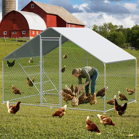 Enclos métallique 3x2x2 m pour petits animaux, verrou de sécurité et bâche imperméable PE, adapté poules et lapins - Argent