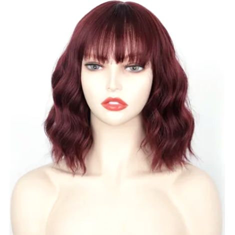 Perruque femme rouge vin, filet à cheveux bouton, compacte pratique, mi-longue bouclée frange, idéale soirée rendez-vous cosplay (1/5)