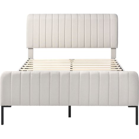 Lit double rembourré 160 x 200 cm, cadre de lit avec sommier à lattes et tête de lit réglable, lit capitonné gris-beige, cadre de lit pour chambre d'adolescent ou chambre d'amis, matériau en lin (1/5)