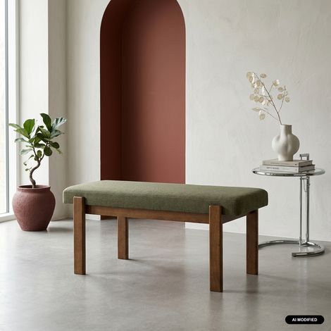 Banc. bout de lit bois d'hévéa teinte noyer et tissu texturé - Noma Noyer / Kaki