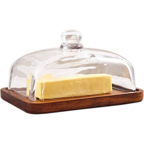 Mantequera con tapa, La tapa de vidrio hermética mantiene la mantequilla suave, Mantequera con tapa, Fabricada en vidrio y madera de acacia (1/5)
