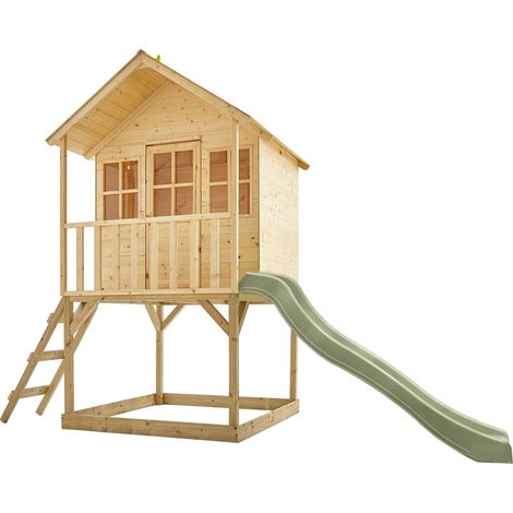 Maisonnette cabane sur pilotis en bois FSC® avec toboggan vert kaki COLLINE