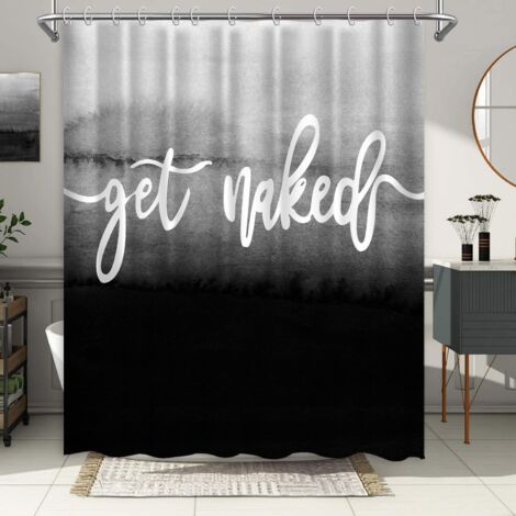 Sollbry Rideau de douche dégradé noir ombré Get Naked grisâtre blanc à noir polices d'art drôles mots tissu lavable en machine ensemble de décoration de salle de bain avec crochet rideau de bain 18018 (1/3)