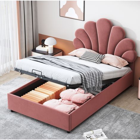 Lit 90x200 cm rose en velours avec rangement hydraulique (1/5)
