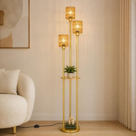 Lampadaire Or Salon à 3 Flammes Avec Étagère, Abat-jour en Rotin & Interrupteur à Pied - Moderne Boho Pour Chambre, Bureau, Salon (1/5)