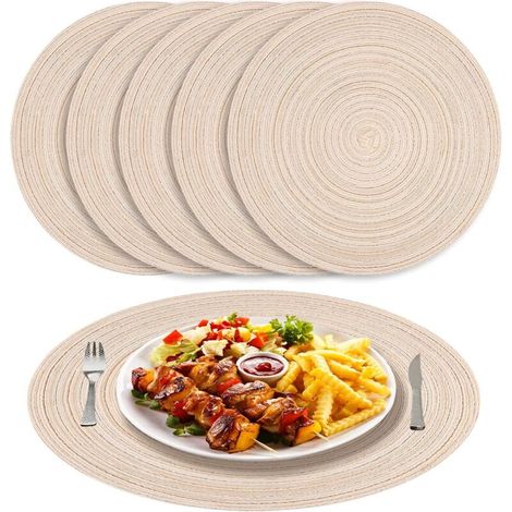 Set of 6 round, washable, woven beige placemats, 38 cm. Non-slip, heat and stain resistant. For weddings, restaurants and kitchens. (1/5)