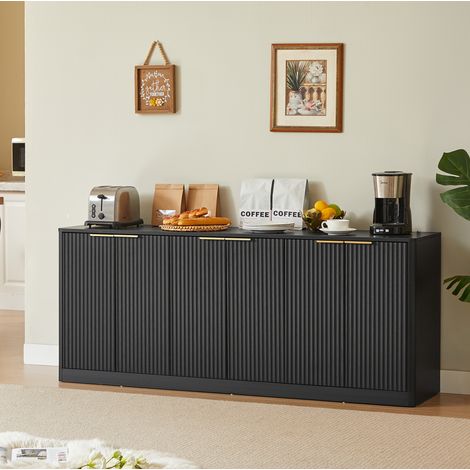 Buffet TV 170 cm noir en MDF, 6 portes, design ondulé, 170 x 40 x 70,5 cm (1/5)