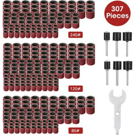 Kit de ponçage 307 pièces – 300 manchons abrasifs 80/120/240 – 6 mandrins pour outil rotatif – Compatible Dremel (1/5)