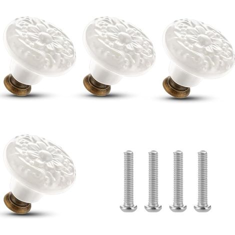 Lot de 4 boutons en céramique pour tiroirs vintage en forme de fleur, boutons décoratifs pour meubles avec vis de montage pour placards, tiroirs, armoires, portes, diamètre 3,4 cm (blanc)