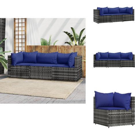 3-tlg. Garten-Lounge-Set mit Kissen Grau Poly Rattan - Gartensortiment - Loungemöbel - Gartenloungeset - Gartenmöbel - Esstischgarnitur (1/5)