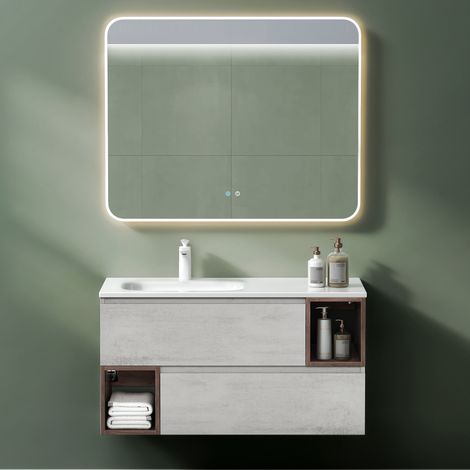 Mai & Mai Meuble de Salle de Bain Gris Clair + Marron avec Lavabo et Miroir Meuble sous Vasque 100x48x54cm Meuble Suspendu avec 2 Tiroirs (1/5)